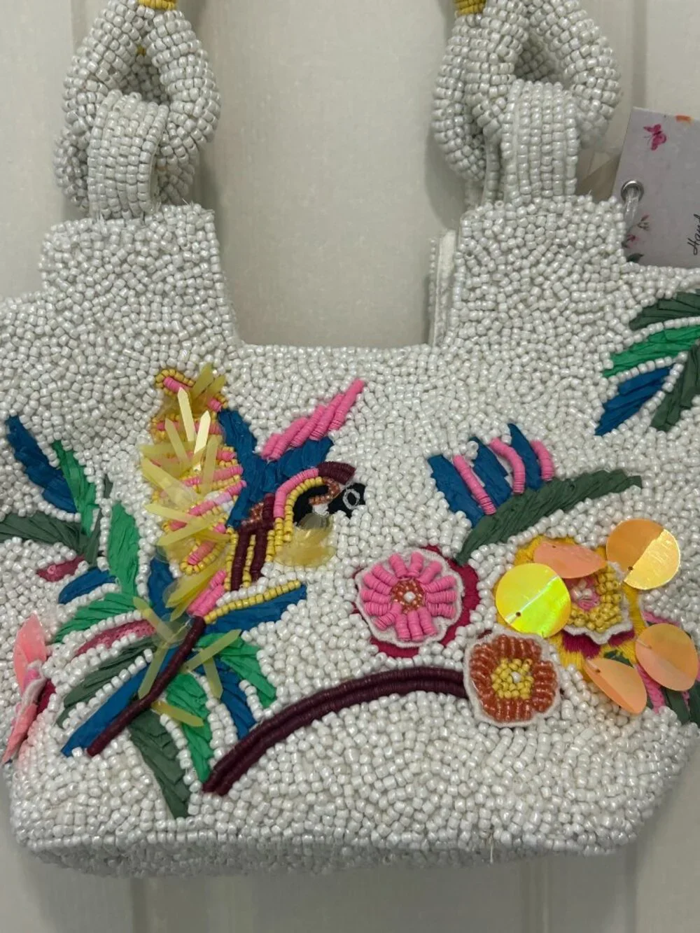 Beaded Sequin Bag Hummingbird Colorful Spring Flowers Top Handle Made in India